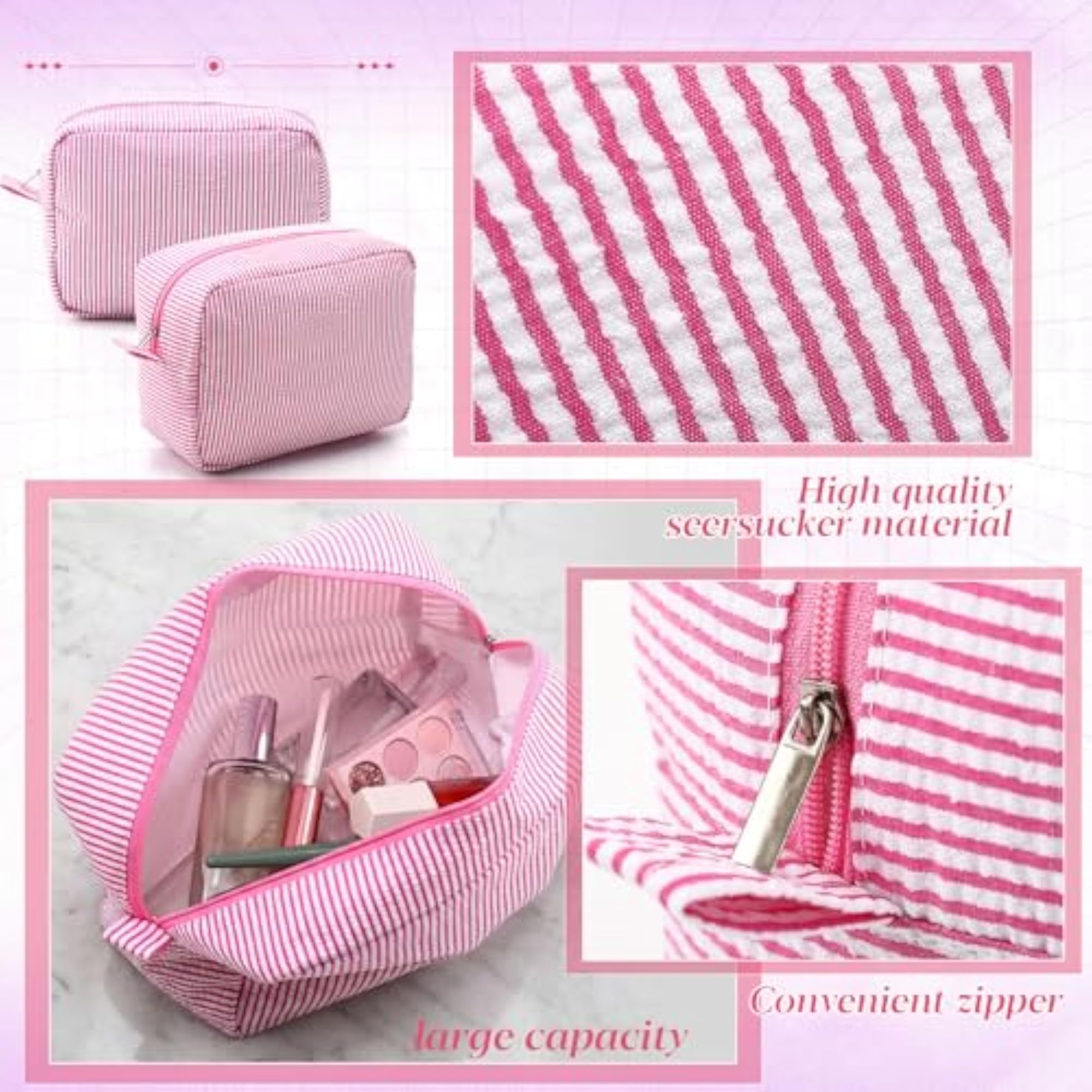 Pack Seersucker Makeup Bags for Women, Striped Pink